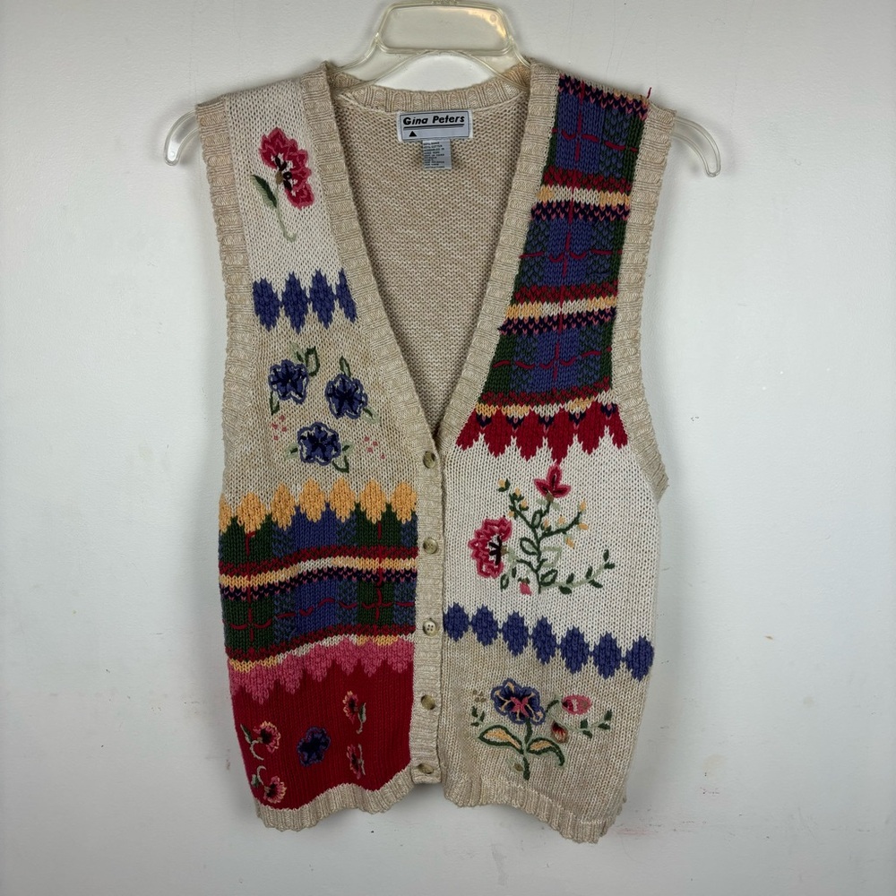 Vintage Knit Sweater Vest in Patchwork Floral Design-Woman’s Large